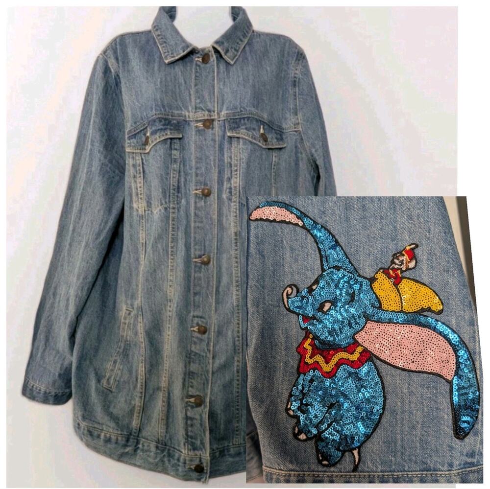 Forever 21 Plus Denim Jean Jacket Dumbo Patch Disney Womens Size 1X Medium Wash
